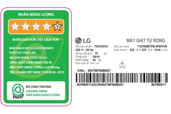 Máy giặt LG AI DD Inverter 15 kg TV2515DV5J