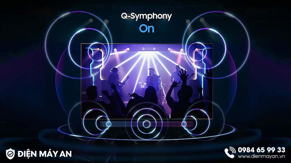 Công nghệ Q-Symphony trên tivi 4K 43DU8000 tạo ra sự cộng hưởng âm thanh mạnh mẽ, bao trùm không gian