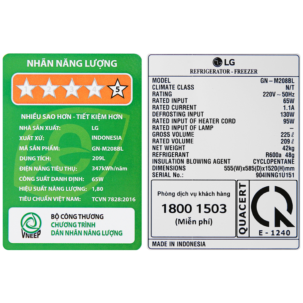 Tủ Lạnh LG Inverter 209 Lít GN-M208BL