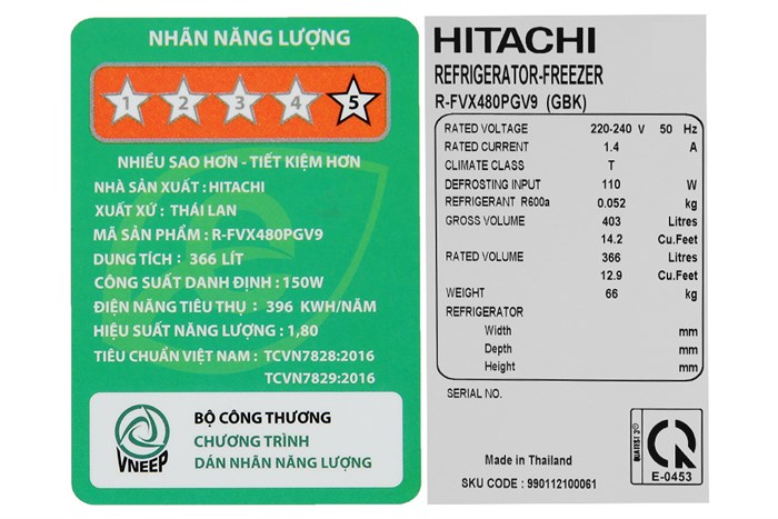 Tủ Lạnh Hitachi Inverter 366 Lít R-FVX480PGV9 GBK